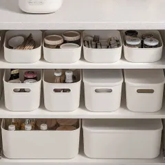 【在庫セール】キッチンシンク下収納かご 文房具・衣類収納 SML・3サイズ 小物入れバスケット プラスチック 収納ケース ホワイト ポリプロピレン ふた付き (6個セット) 収納ボックス 6個セット