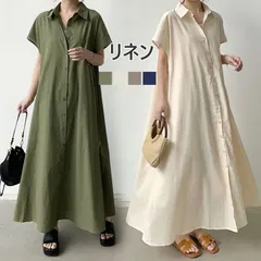 シャツワンピース 夏 レディース 半袖 リネン ワンピース ゆったり Vネック ロング丈 大人 シンプルワンピース Aライン 体型カバー skwhyr0
