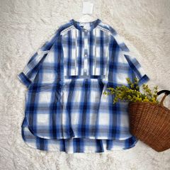 新品 ピンタックブラウス チュニック ハシゴレース 綿 ブルー チェック フリー