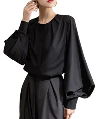 [グリーンパキラ] 在庫限り モード系 レディース ブラウス トップス シャツ 春 夏 秋 パフスリーブ バルーン袖 長袖 丸首 きれいめ 女性 オフィスカジュアル レディース服 春服 秋服 前開き ウーマン 襟なし 体型カバー [ブラック] [S] [標準]