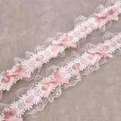 【輸入レース】リボン付きフリルレース　ベビーピンク/ホワイト