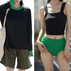 SW012 未使用 テディショップ タンキニ水着 ビキニ ラッシュガード ハーフパンツ 4点セットレディース 体型カバー 長袖シャツ L グリーンブラック カーキ