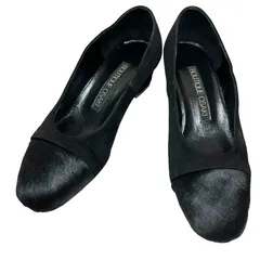 【美品】ブティックオーサキ (23.5) パンプス チャンキーヒール ハラコ アーモンドトゥ 本革 レザー 定番デザイン