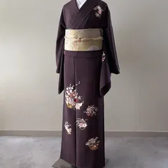 【付下げ】 葡萄茶色地 花籠文様 正絹 着物 ― 梅・牡丹・菊の吉祥柄［RA025］