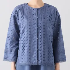 ルクオーレ 総アイレットレース カーディガン 八分袖 SFLUCT134 アイリスブルー オフホワイト