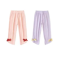 3/ピンク+パープル_100 [VIISEN] 7分丈 レギンス パンツ女の子 キッズ 2枚セット 夏 薄手キッズ 女児 ボトムス スパッツ レース 蝶結び付き 子供服 ストレッチ ショートパンツ ガールズ 可愛い 通園 通学 普段着 カジュアル 多色 100