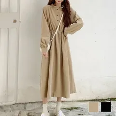 フリルネックシャツワンピース レディース 10代 20代 30代 韓国ファッション カジュアル 春 秋 シンプル 可愛い ロング丈 黒 無地