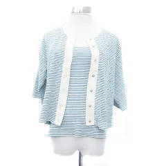 ディスコート Discoat アンサンブルニット カーディガン ラウンドネック 五分袖 キャミソール ボーダー柄 F オフホワイト 青 ブルー /HO24