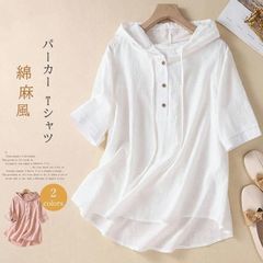 パーカー Tシャツ レディース ブラウス 春 夏 リネン フード付き チュニック 半袖 シャツブラウス 綿麻 トップス 着心地 プルオーバー ゆったり 体型カバーcbrd131