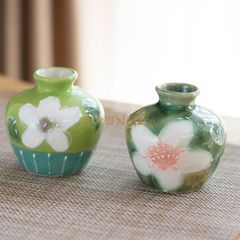 2点 ＊風花工房 丸花入＊瀬戸焼手描き 緑彩花間取 &緑彩白絵花 プチ花入 花瓶 生け花花器　玄関事務所インテリア　結婚プレゼント贈物　母の日44336