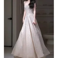 ウェディングドレス ウエディングドレス イブニングドレス 二次会 結婚式 前撮り ブライダル ロングドレス 花嫁 スレンダードレス スレンダーラインドレス スパンコール 肩ひも 1026
