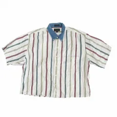 90s CHAPS RALPH LAUREN チャップスラルフローレン ヴィンテージ ストライプ柄 クレリックシャツ ショート丈 半袖 ホワイト /T2K