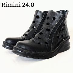 良品◎リミニ Rimini ショートブーツ 天然皮革 サマーブーツ パンチング 本革 レザー バックサイドファスナー 軽量 軽い 涼しい ブーツ 大きいサイズ 24.0 4E 巾広 ゆったり ユニセックス 黒 ブラック