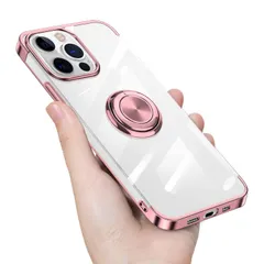 【新着商品】対応 6.1インチ iPhone14Pro ストラップホール付き マグネット式車載ホルダー 横置き スマホケース 360°回転 スタンド機能 シリコン ッキ加工 薄型 耐衝撃 TPU 透明 カバー （ローズゴールド） iphone14プロ クリア
