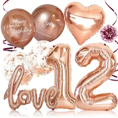【新品】 deerzon 12歳 ローズゴールド 誕生日 バルーン 飾り付け バースデー 飾り 数字 11点 セット 女の子 男の子 大きい 誕生日バルーン 風船 シンプル 0