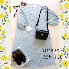 【春ワンピ―ス・美品】ジュノア　JUNOAH　ハーフジップ ボリュームスリーブ ストライプ ワンピース　シャツワンピース　ワンピース　Mサイズ　ライムグリーン　カジュアルコーデ　デートコーデ ママコーデ　お呼ばれ　お出かけ