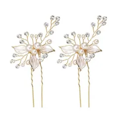 人気商品　卒業会 発表会 二次会 パール 結婚式 ヘアピン 髪飾り 三つ葉 ゴールドヘアピン (ゴールド-２本セット) DFsucces