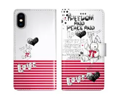[arrows N F-51C] iPhone16 ケース スカラー スマホケース 手帳型 iPhone16 Pro ケース アイフォン16 15 14 13 12 11 スマホカバー 全機種対応 手帳 ScoLar ウサギ ぬいぐるみ ハート レッド ボーダ