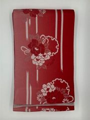 浴衣帯 半幅帯 両面 雪輪・ぼたん絣/横縞 赤ぼかし/薄小豆色 袷(あわせ) 118-a0159