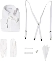 タ　 [ドレスコード101] 新郎 結婚式 7点セット 結婚式セット シャツ 蝶ネクタイ カフス サスペンダー アームバンド チーフ 白手袋 メンズ　Sサイズ　３Lサイズ