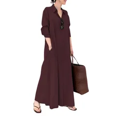 [NOVUS VENTUS] ワンピース シャツ ロング 無地 ミドル丈 カジュアル シンプル レディース ブラック 黒 体型カバー Vネック ゆったり ゆるっと 開襟 抜襟 デート スタイルアップ 上品 着痩せ 細見え マタニティ  [ワインレッド] [M]