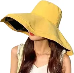 FOIROKASA UVカット 帽子 レディースハット 遮光性 つば広 飛びにくい 紫外線対策 撥水加工 通気 折り畳み 日焼け あご紐 小顔効果 女優帽 旅行用 軽量便利(イエロー,  Free Size)