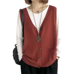 ☆ レッド ☆ ニットベスト ニットベスト 前開き ディース ニット ベスト カーディンガン レディースベスト レイヤード 重ね着 普段着 Vネック ノースリーブ 体型カバー ゆったり 着回し 無地 ナチュラル シンプル 大人 カジュアル 秋 春 冬 おしゃれ