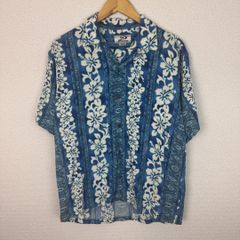古着 開襟 アロハシャツ レーヨン 総柄 花柄 ストライプ ネイビー 