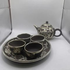【✨高級食器✨】　中国茶器セット　錫細工　急須　湯呑　皿　陶器　お茶　茶葉　コレクション　食器　中華　アンティーク　ヴィンテージ　おしゃれ　急須　酒　銀　SILVER　シルバー　銀色　昭和レトロ　レトロ　セット　まとめ　希少　貴重　コレクター