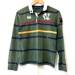 (^w^)b CANTERBURY カンタベリー ハーフボタン ラガーシャツ 長袖 ポロシャツ コットン100% カジュアル トップス スポーティ アウトドア ボーダー柄 カーキ系 レディース 女性 サイズ L