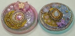 [NI] ハンドメイド　コンパクト ミラー　レジン　両面 鏡　円形　デコレーション　ハート　ピンク　ブルー　キラキラ　ラメ　2点まとめて