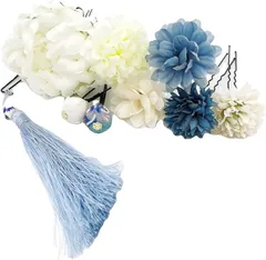 TUISKU 髪飾り 浴衣 着物 振袖 和装 花 タッセル ヘアピン Uピン ヘアアクセサリー 9点セット(ブルー)