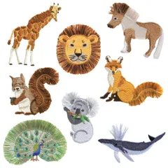 ふさふさワッペン 動物8種 各3枚 合計24枚セット ライオン クジャク キリン キツネ コアラ クジラ ポニー リス アイロン接着 ポスト投函