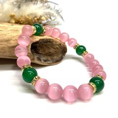 キャッツアイ(ピンク)×緑瑪瑙 パワーストーン ブレスレット  (ゴールド) メンズ・レディース　男性・女性　数珠ブレス 開運 [23]