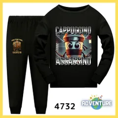 4732 Tung Tung Tung Sahur トゥントゥントゥンサフール 長袖 パジャマ ロンT セットアップ 110 120 130 140 150 160 黒 ブラック 男の子 ミーム 服 キッズ 子供  イタリアンブレインロット tsls10