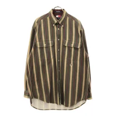 トミーヒルフィガー 90s ストライプ 刺繍 長袖 フラッグタグ ボタンダウンシャツ M カーキ系 TOMMY HILFIGER オールド メンズ