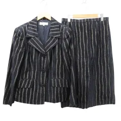 レマロン remalon 美品 スカート スーツ ジャケット セットアップ 起毛 ラメ ストライプ 15号 紺 ネイビー ■GY99