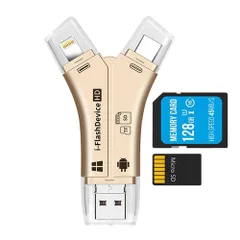 SDカードリーダー ゴールド 4in1 スマホ パソコン iPhone iPad Android メモリカードリーダー USB2.0 MicroUSB Type-C Lightning バックアップ アダプター 読み取り 読み書き USBメモリ 写真 データ