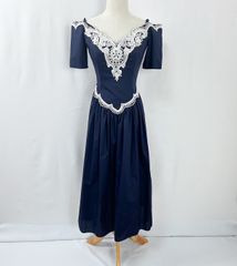 ヴィンテージ 80s JESSICA MCCLINTOCK BY GUNNE SAX ガニーサックス ジェシカマクリントック USA製 バレリーナネック レースデザイン フリル 半袖 ロング ワンピース ドレス ネイビー レディース
