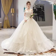 ウェディングドレス オフショルダー 結婚式ドレス ホワイト シャンパン色 Vネック ブライダルドレス Aライン キレイめ ロングドレス 二次会のサムネイル