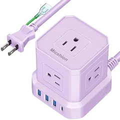 Micshion キューブ型電源タップ（2400Ｗ) 延長コード 2m コンセントusb付き 雷ガード 5個AC口 3個USBポート 1個Type-C タコ足配線 テーブルタップ OA マルチタップ 安全保護機能 自宅用 会社用 パープル 1