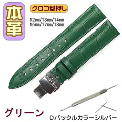 時計ベルト 本革 クロコ型押しＤバックル グリーン/シルバー バネ棒交換工具付