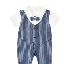 【新品】 [Mum&nny] ベビー フォーマル ロンパース 半袖 ベビー服 男の子 お食い初め 結婚式 お呼ばれ 出産祝い 誕生日 お宮参り ギフト 赤ちゃん フォーマルスーツ 紺色 縞柄 0