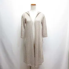 セシルマクビー CECIL McBEE フード付き 七分袖 ロング ニット カーディガン M ベージュ 薄手 透かし編み