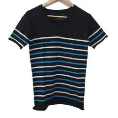 AKM(エーケーエム) 半袖セーター サイズS レディース - ダークネイビー×白×ライトブルー Vネック/ボーダー