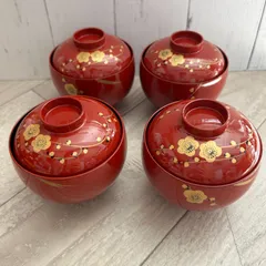 金彩　漆器　桜　蓋付汁椀　4客　まとめセット！昭和レトロ　塗り物　アンティーク