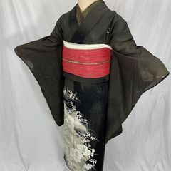 506aa3◇絽 黒留袖 芙蓉 アンティーク着物 レトロモダン 大正ロマン 昭和レトロ 夏着物◇状態良好