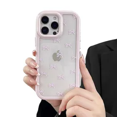 ZTOFERA iPhone 16 Proケース用、可愛いクリア透明リボンボウノット、韓国おしゃれシンプルカバー、ソフトTPU超スリム耐衝撃保護カバー iPhone 16 Proスマホケース用、紫ピンク 1