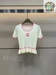 【今日WTO】Chanel 25 夏季 タオル刺繍 ダブル C ウェーブ裾 ニット半袖-AE91