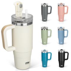 タンブラー 0.9L 水筒 保冷 ステンレスボトル ウォーターボトル ストロー 取っ手付き 真空断熱 二重構造 広口 大容量 900ml ホワイト